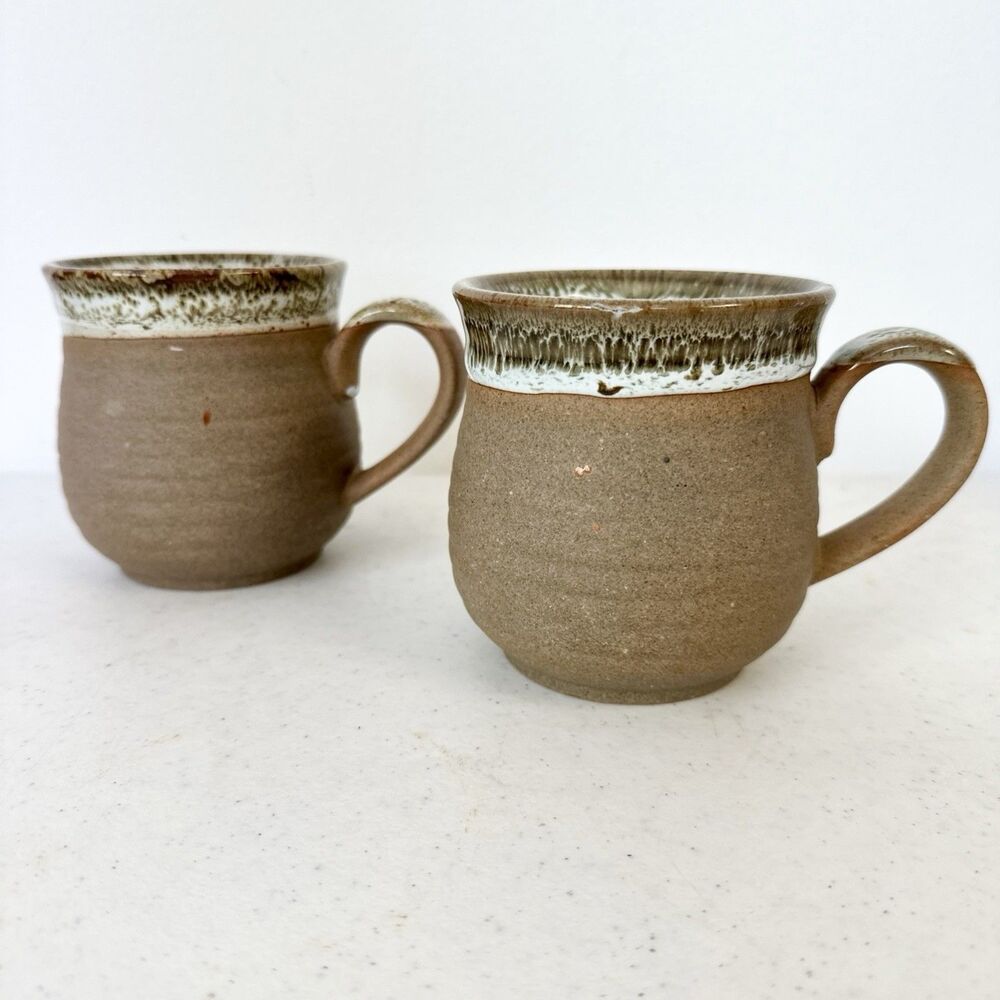 Set Of Two Dipped Spotted Glaze‎ STONEWARE Mugs Pottery Rustic
